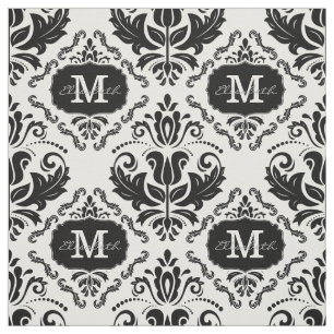 Classic and Chic Black White Damask Monogram Name Fabric