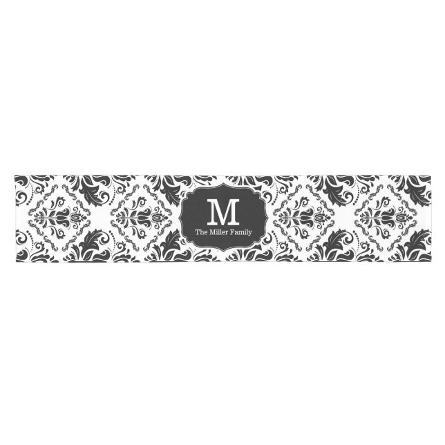 Classic and Chic Black White Damask Monogram Name Short Table Runner (Horizontal)