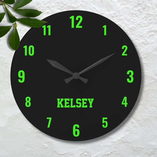 Classic and Elegant Black and Neon Green Name  Large Clock (Creator Uploaded)