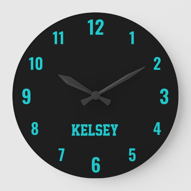 Classic and Elegant Black and Neon Turquoise Name  Large Clock (Front)