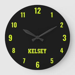 Classic and Elegant Black and Neon Yellow Name Large Clock