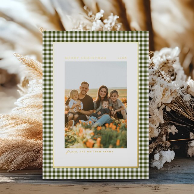 Classic and Elegant Green Family Photo Gold Foil Holiday Card (Creator Uploaded)