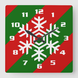 Classic and Elegant Red Green Snowflake Christmas Square Wall Clock