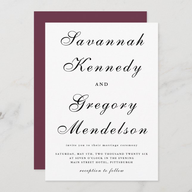 Classic and Elegant Script Burgundy Wedding Invitation (Front/Back)