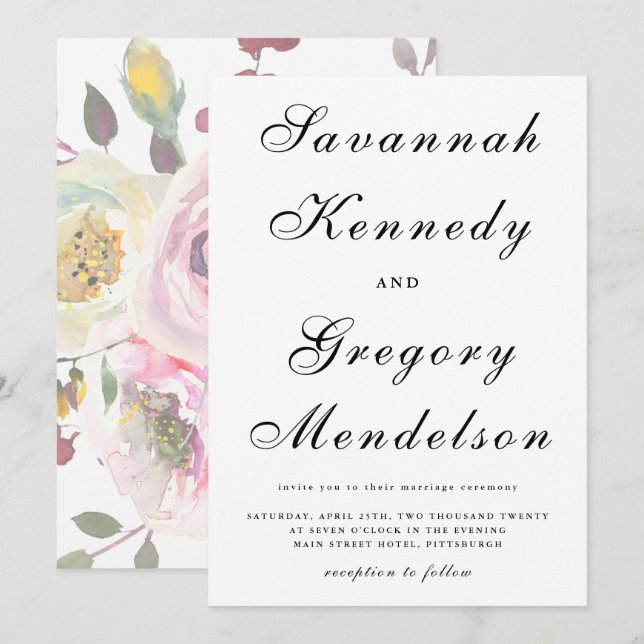 Classic and Elegant Script Muted Floral Wedding Invitation (Front/Back)