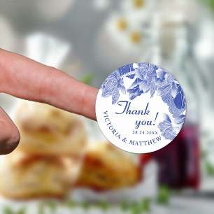 Classic and Modern Blue White Floral Thank You Classic Round Sticker