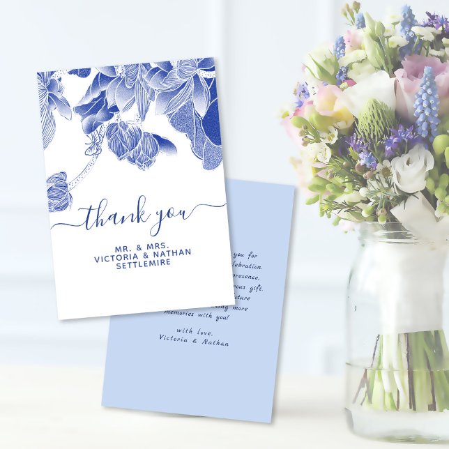Classic and Modern Blue White Floral Wedding Thank You Card (Creator Uploaded)