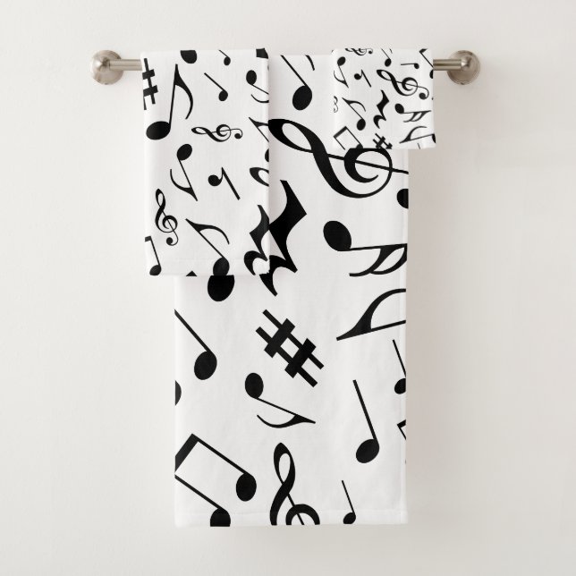 Classic and Simple Black Music Notes on White Bath Towel Set (Insitu)