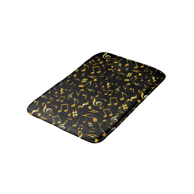 Classic and Simple Gold Music Notes on Black Bath Mat (Angled)