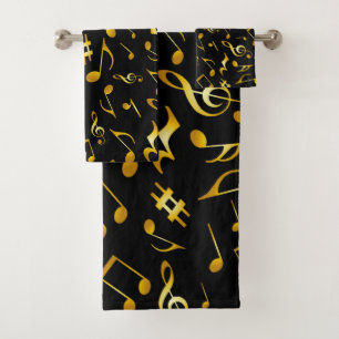 Classic and Simple Gold Music Notes on Black Bath Towel Set