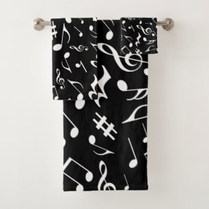 Classic and Simple White Music Notes on Black Bath Towel Set