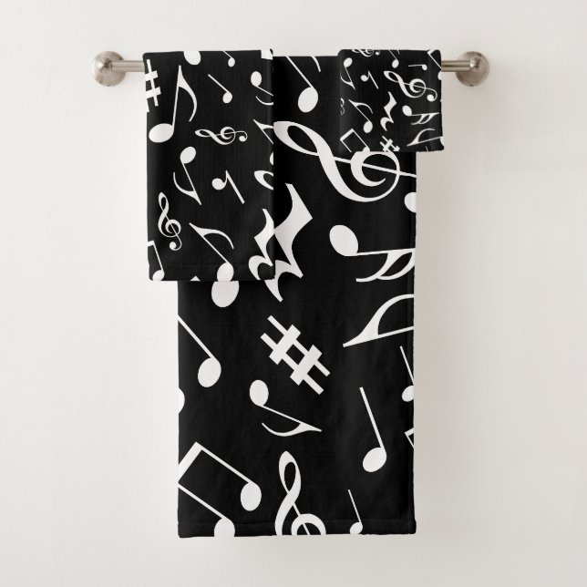 Classic and Simple White Music Notes on Black Bath Towel Set (Insitu)
