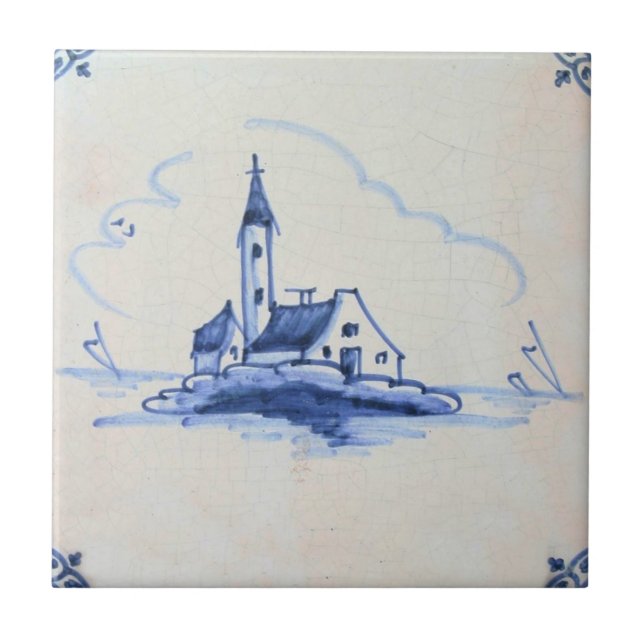 Classic Antiquarian Delft Blue Tile - Church (Front)