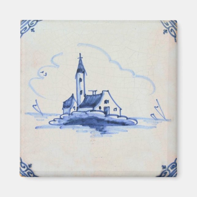 Classic Antiquarian Delft Blue Tile - Church Pinba Magnet (Front)