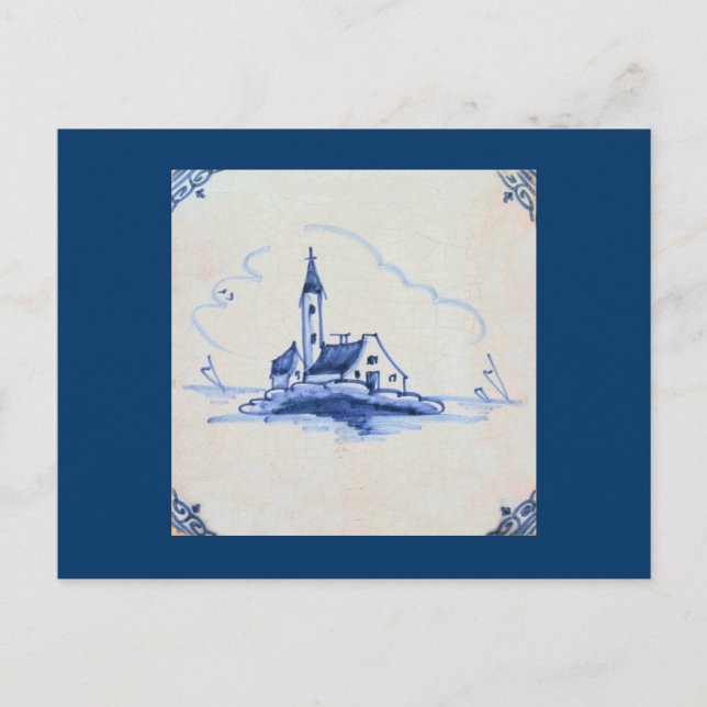 Classic Antiquarian Delft Blue Tile - Church Postcard (Front)