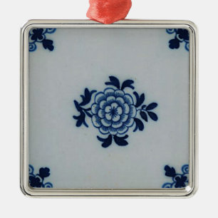 Classic Antiquarian Delft Blue Tile - Floral Motif Metal Tree Decoration