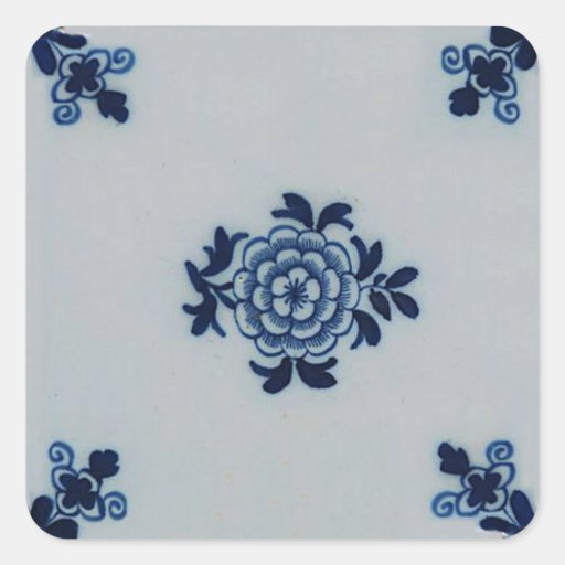 Image of Classic Antiquarian Delft Blue Tile - Floral Motif Square Sticker