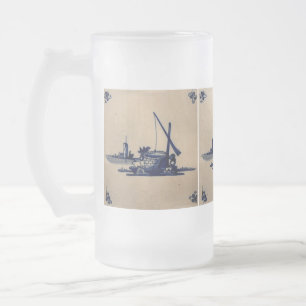 Classic Antiquarian Delft Blue Tile - Water Well Frosted Glass Beer Mug