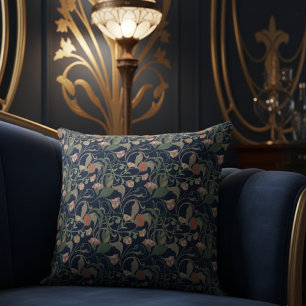 Classic Antique Blue Art Nouveau Floral Pattern Cushion
