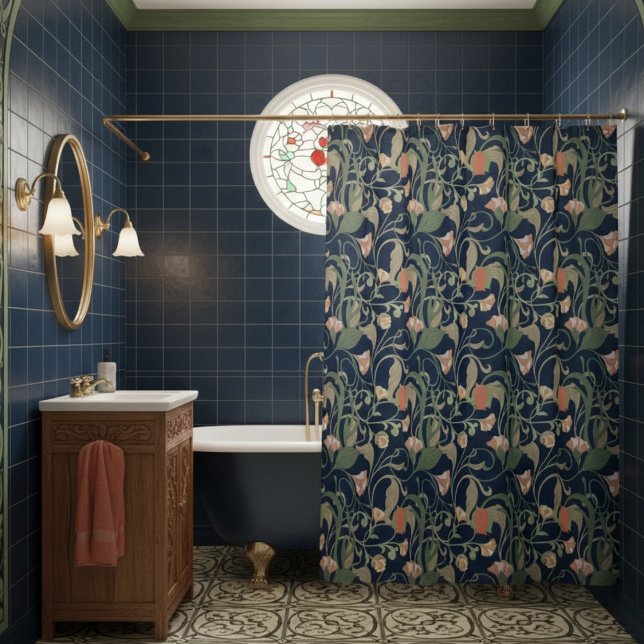Classic Antique Blue Art Nouveau Floral Pattern Shower Curtain (Creator Uploaded)