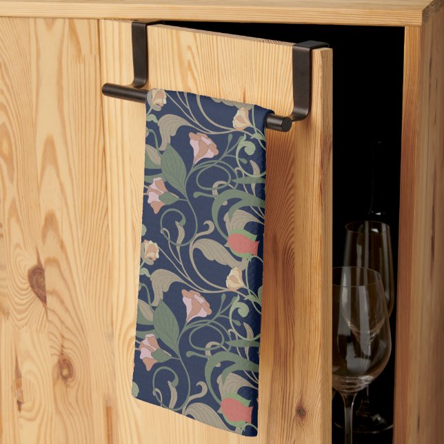 Classic Antique Blue Art Nouveau Floral Pattern Tea Towel (Thirds Fold)