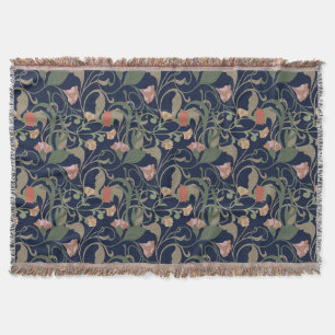 Classic Antique Blue Art Nouveau Floral Pattern Throw Blanket