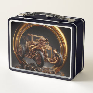 Classic Antique Cars Passing Through Time Machine Metal Lunch Box