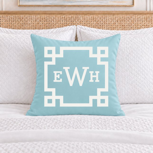 Classic Aqua Greek Key Monogram Initial Cushion (Creator Uploaded)