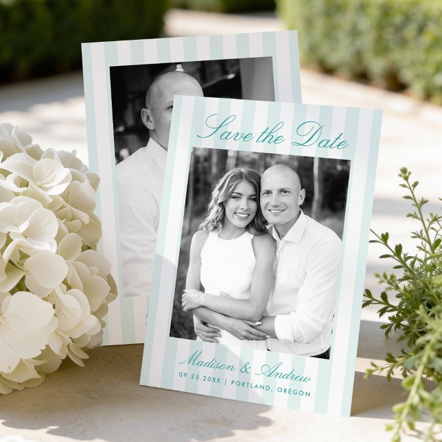 Classic Aqua Stripes Photo Wedding Save The Date (Creator Uploaded)