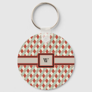 Classic Argyle, Red Tan Green Cream Monogrammed  Key Ring