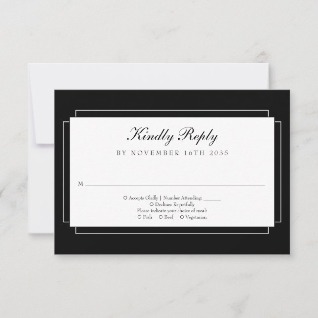 Classic Art Deco Black and White Wedding RSVP Card (Front)