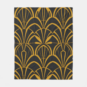Classic Art Deco Fan Pattern Black Gold Roaring Fleece Blanket