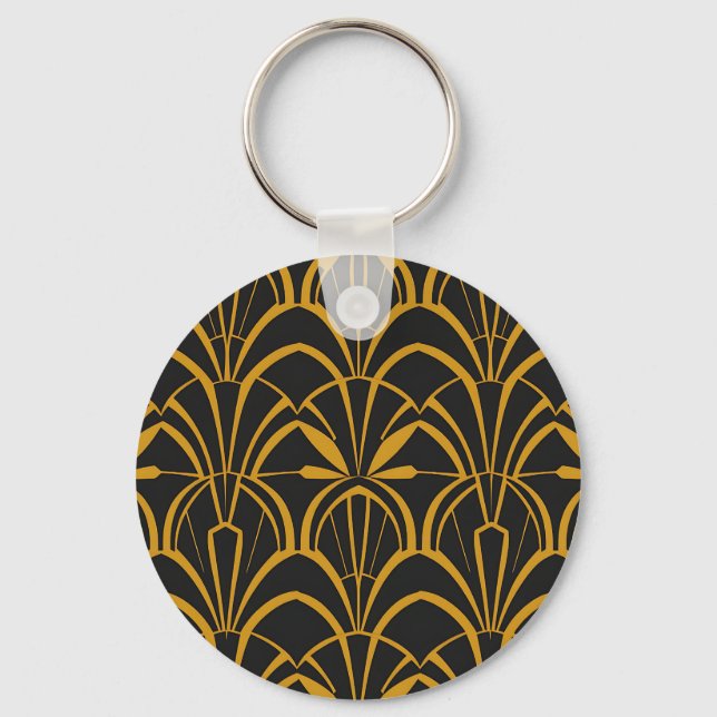 Classic Art Deco Fan Pattern Black Gold Roaring  Key Ring (Front)
