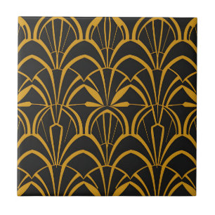 Classic Art Deco Fan Pattern Black Gold Roaring  Tile