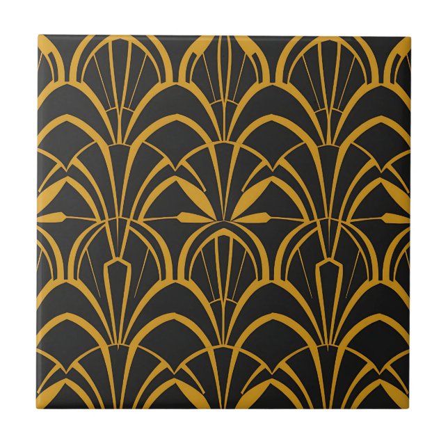Classic Art Deco Fan Pattern Black Gold Roaring  Tile (Front)