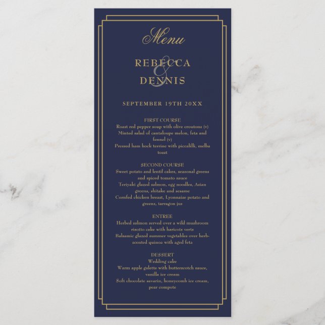 Classic Art Deco Navy Blue And Gold Wedding Menu (Front)