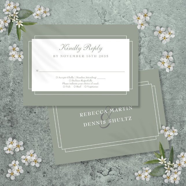 Classic Art Deco Sage Green Wedding RSVP Card (Classic Art Deco Sage Green Wedding RSVP Card)