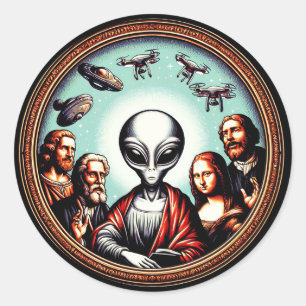 Classic Art Meets Alien Humor - Unique Portrait Round Sticker