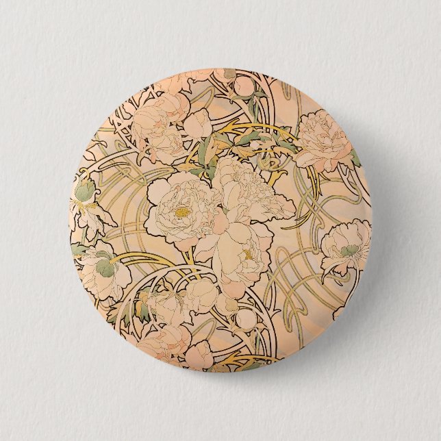 Classic Art Nouveau Peony Garden Pattern by Mucha 6 Cm Round Badge (Front)