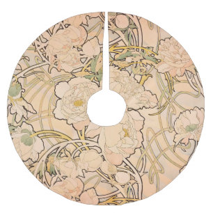 Classic Art Nouveau Peony Garden Pattern by Mucha Brushed Polyester Tree Skirt