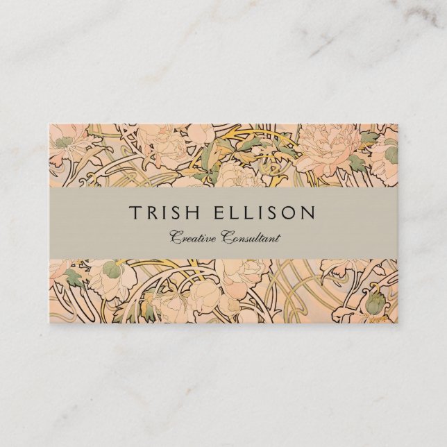 Classic Art Nouveau Peony Garden Pattern by Mucha Business Card (Front)