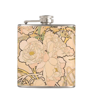 Classic Art Nouveau Peony Garden Pattern by Mucha Hip Flask
