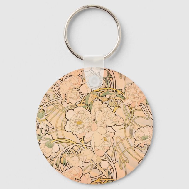 Classic Art Nouveau Peony Garden Pattern by Mucha Key Ring (Front)