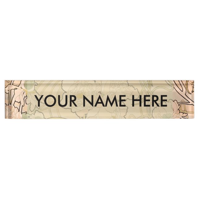 Classic Art Nouveau Peony Garden Pattern by Mucha Nameplate (Front)