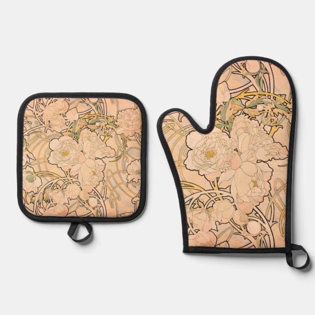 Classic Art Nouveau Peony Garden Pattern by Mucha Oven Mitt & Pot Holder Set (Front)