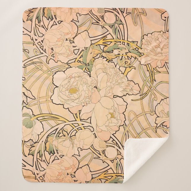 Classic Art Nouveau Peony Garden Pattern by Mucha Sherpa Blanket (Front)