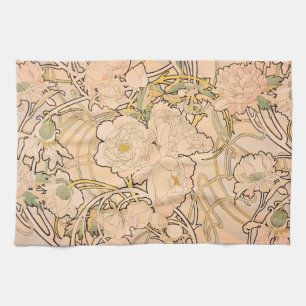 Classic Art Nouveau Peony Garden Pattern by Mucha Tea Towel