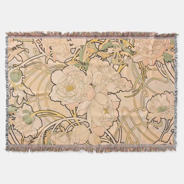 Classic Art Nouveau Peony Garden Pattern by Mucha Throw Blanket (Front)