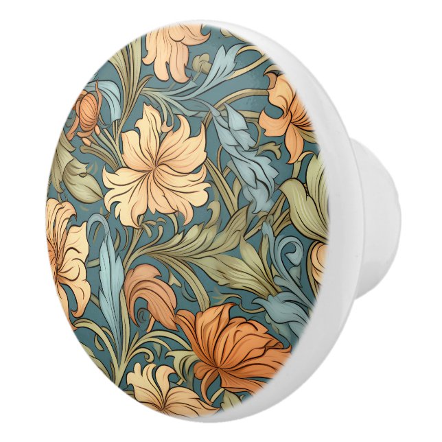 Classic artistic Morris floral pattern Blue Brown Ceramic Knob (Right)
