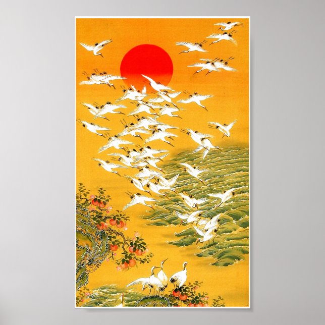 Classic Asian Style Flying Cranes Painting Poster (Front)